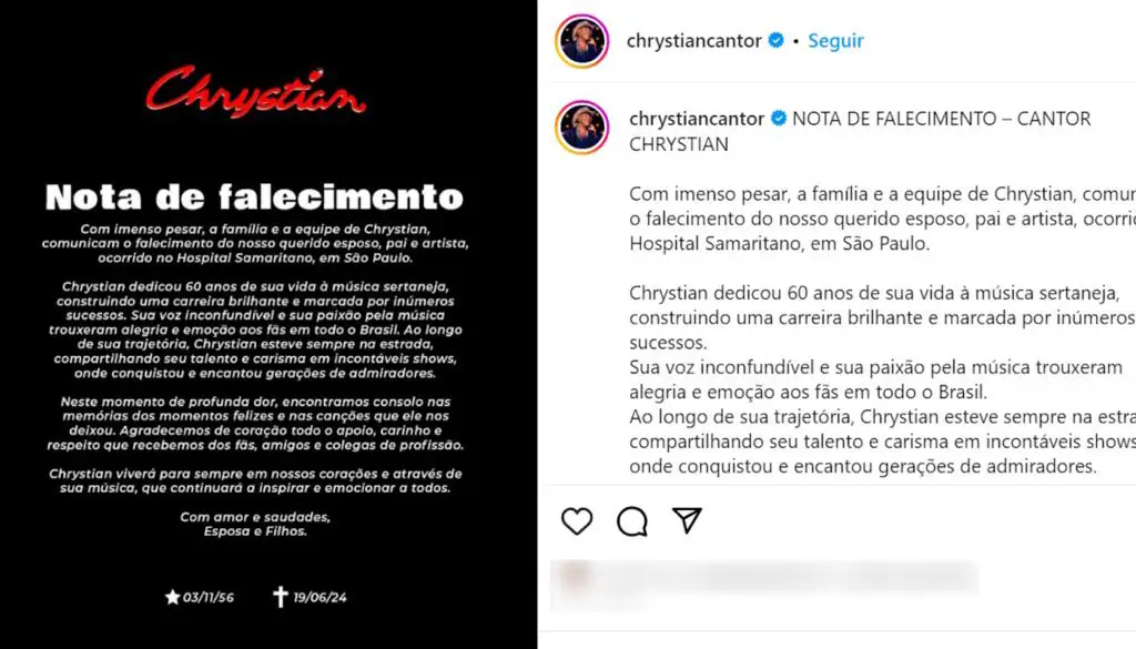 Nota da morte de Chrystian divulgada pela família (Reprodução/Instagram @chrystiancantor)