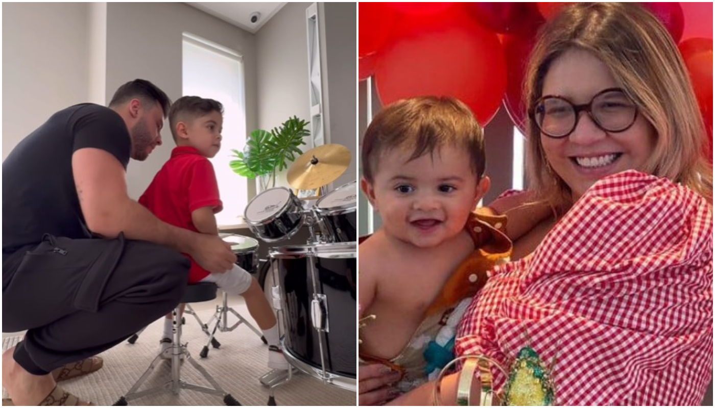 Murilo Huff mostra filho com Marília Mendonça aprendendo a tocar bateria: Léo já tem quatro anos