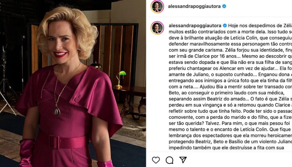 Autora explica morte de Zélia em "Garota do Momento" (Crédito: Reprodução/Instagram @alessandrapoggiautora)