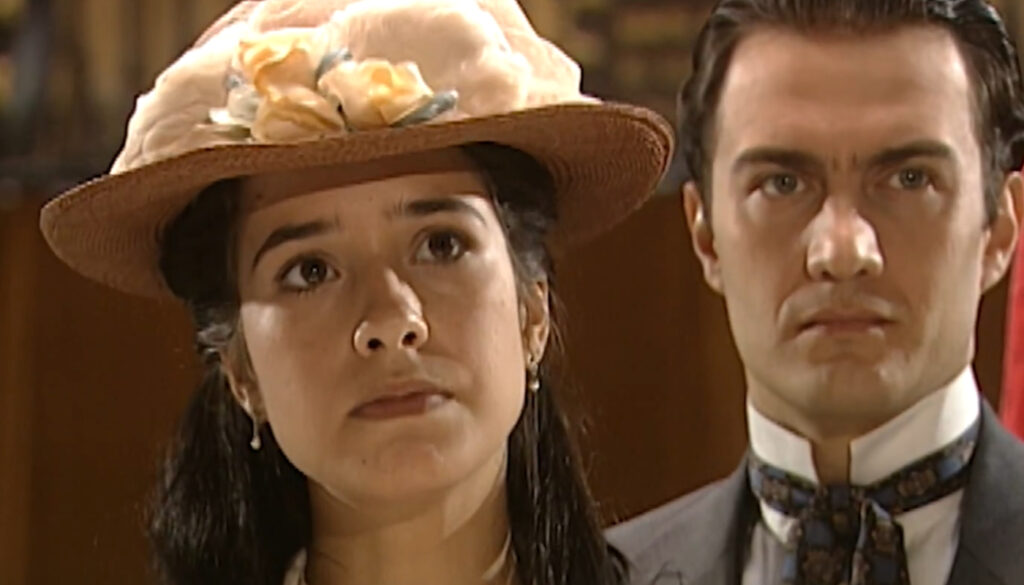 Angélica (Paloma Duarte) e Augusto (Gabriel Braga Nunes) de "Terra Nostra"