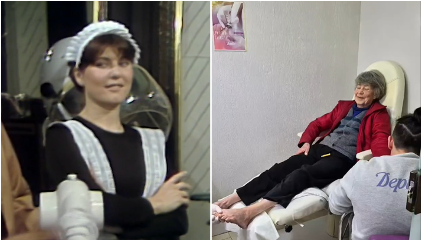 Rejane Schumann em "O Astro" de 1977 e após ser encontrada por ativista.