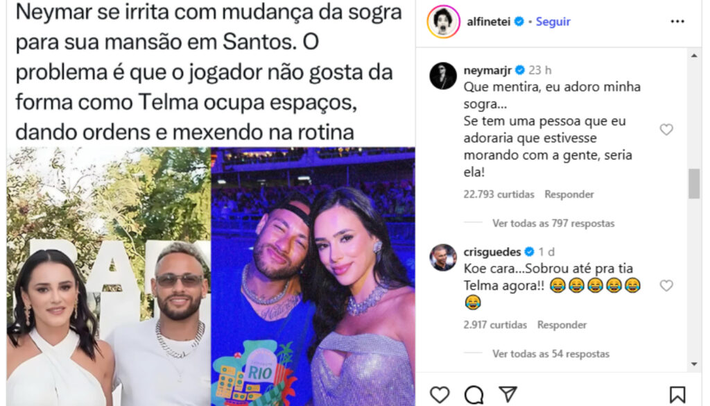 Neymar e sogra negam atrito após mãe de Biancardi se mudar para mansão do casal