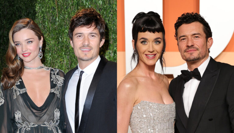 Orlando Bloom com a ex-esposa, Mirnda Kerr, e com a ex-noiva, Katy Perry,