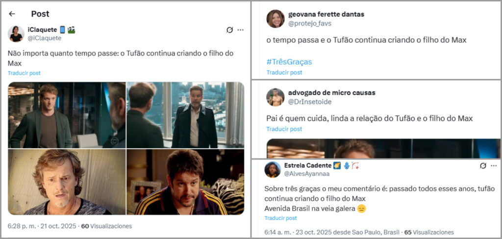 Espectadores de “Três Graças” lembraram de “Avenida Brasil”, quando o pai de Pedro Novaes atuou com Murilo Benício