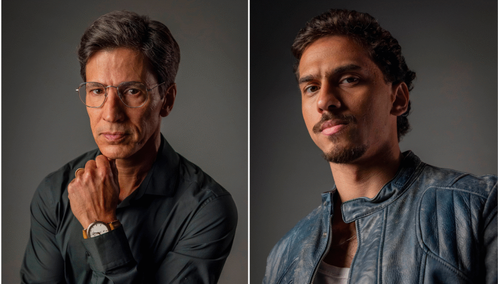 Jorge Trajano (Leonardo Bricio) e Roberto (Ruan Aguiar). (Créditos: Reprodução / Globo / Fábio Rocha)