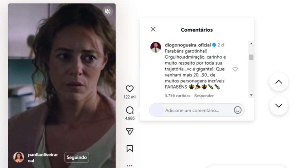 Após término, Diogo Nogueira exalta Paolla Oliveira pelos 20 anos de carreira