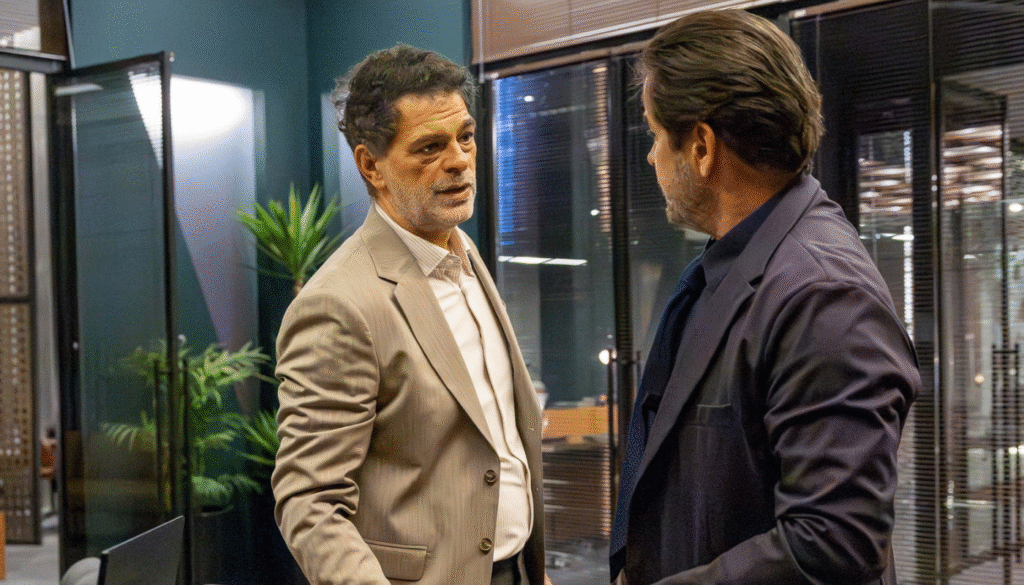 Rogério (Eduardo Moscovis) e Ferette (Murilo Benicio).(Créditos: Reprodução / Globo / Gabriel Vaguel)
