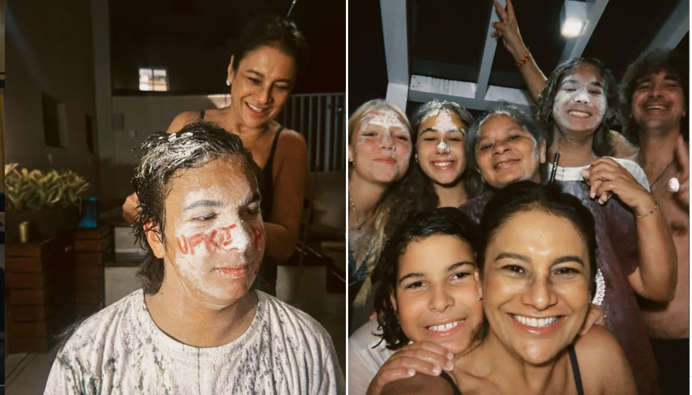 Filho de Dira Paes é aprovado na faculdade e atriz celebra com trote e cabelo raspado: “Felicidade pura”