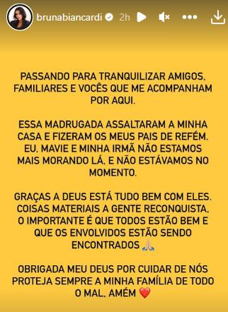 Bruna Biancardi tranquiliza público após assalto à casa dos pais
