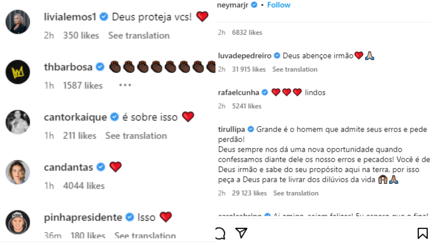 Comentários de apoio a Neymar após pedido de desculpas dele à namorada, Bruna