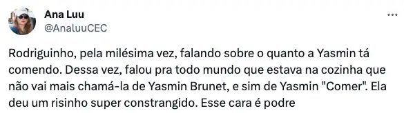 Comentários sobre Rodriguinho e Yasmin Brunet no BBB24