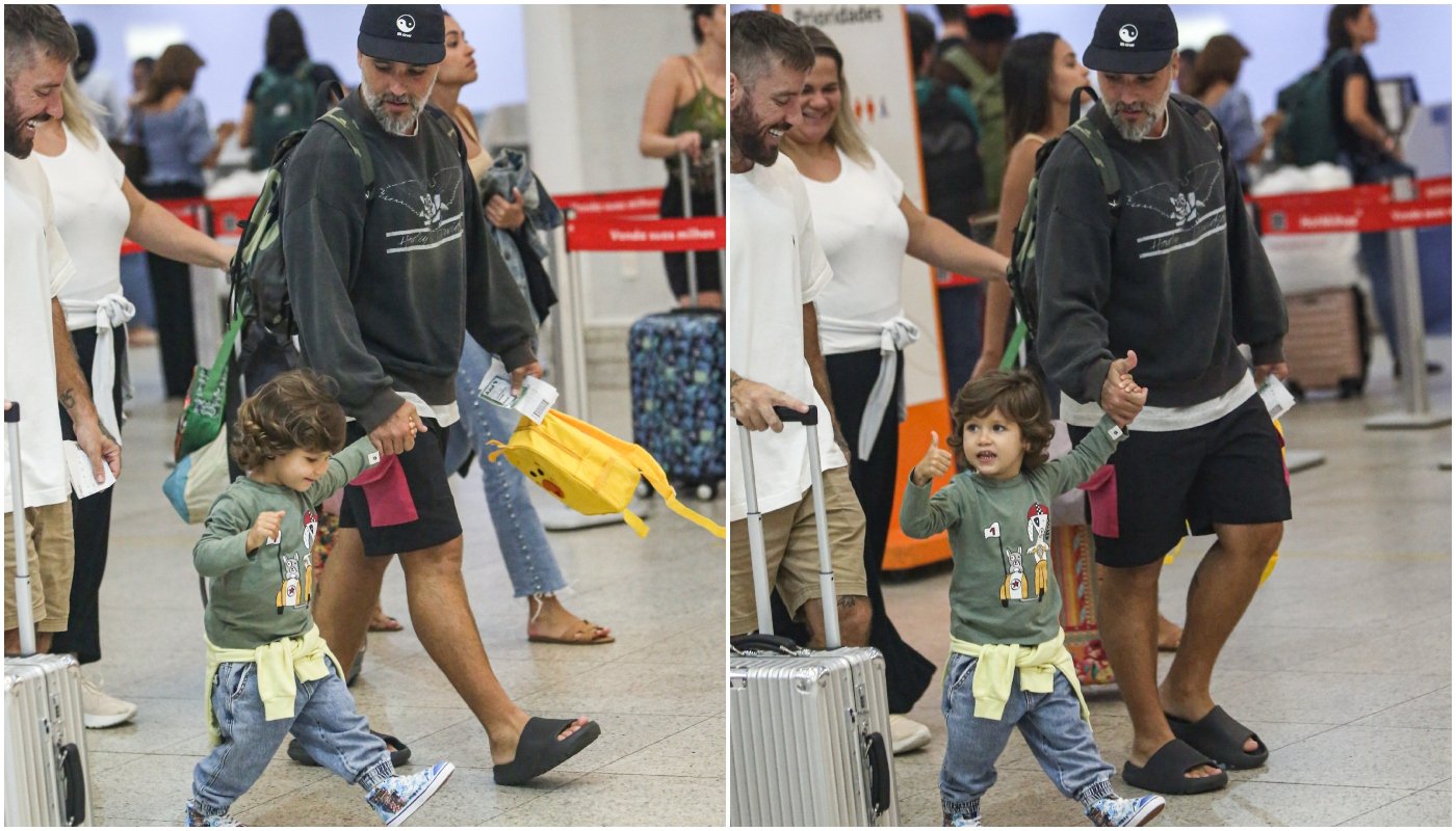 Zyan chama atenção com o pai, Bruno, em aeroporto