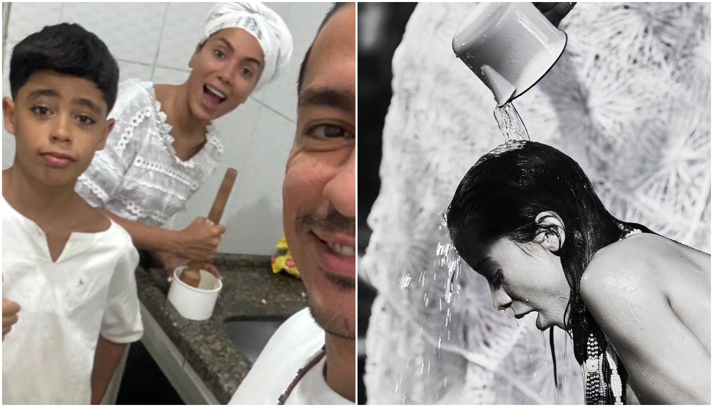 Anitta em meio às funções no terreiro que frequenta (à esquerda) e tomando um banho ritualístico (à direita)