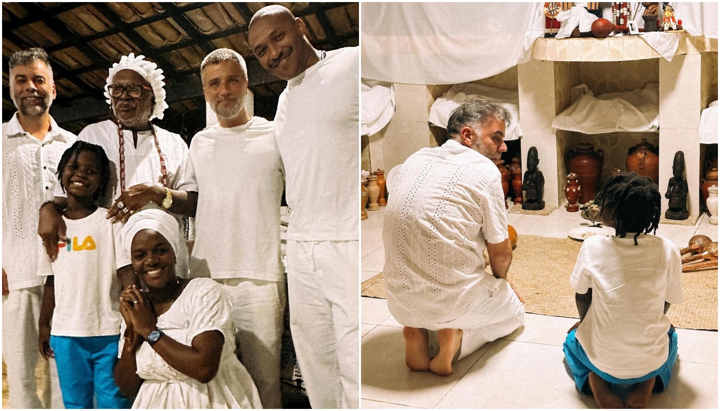 Bruno Gagliasso e o filho, Bless, no terreiro de candomblé frequentado pelo ator