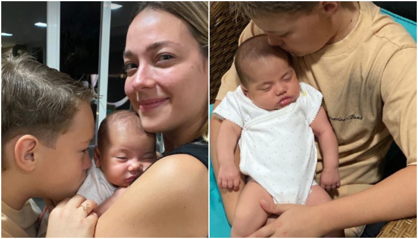 Carol Dantas paparicou Mavie e mostrou Davi Lucca com a irmã