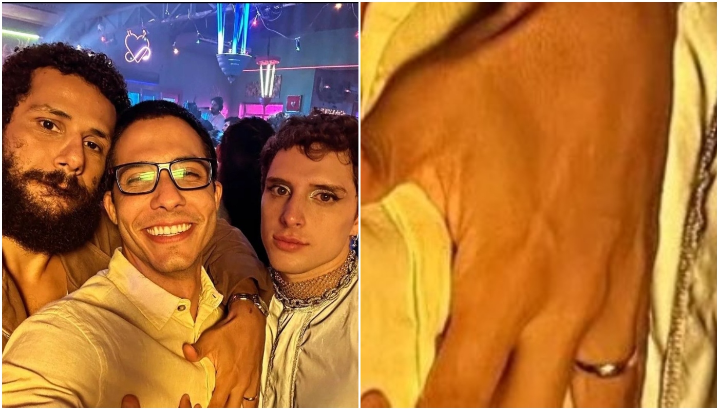 Amaury Lorenzo (Ramiro) de aliança em foto com Rafael Gualandi (Enzo) e Diego Martins (Kelvin) durante gravações