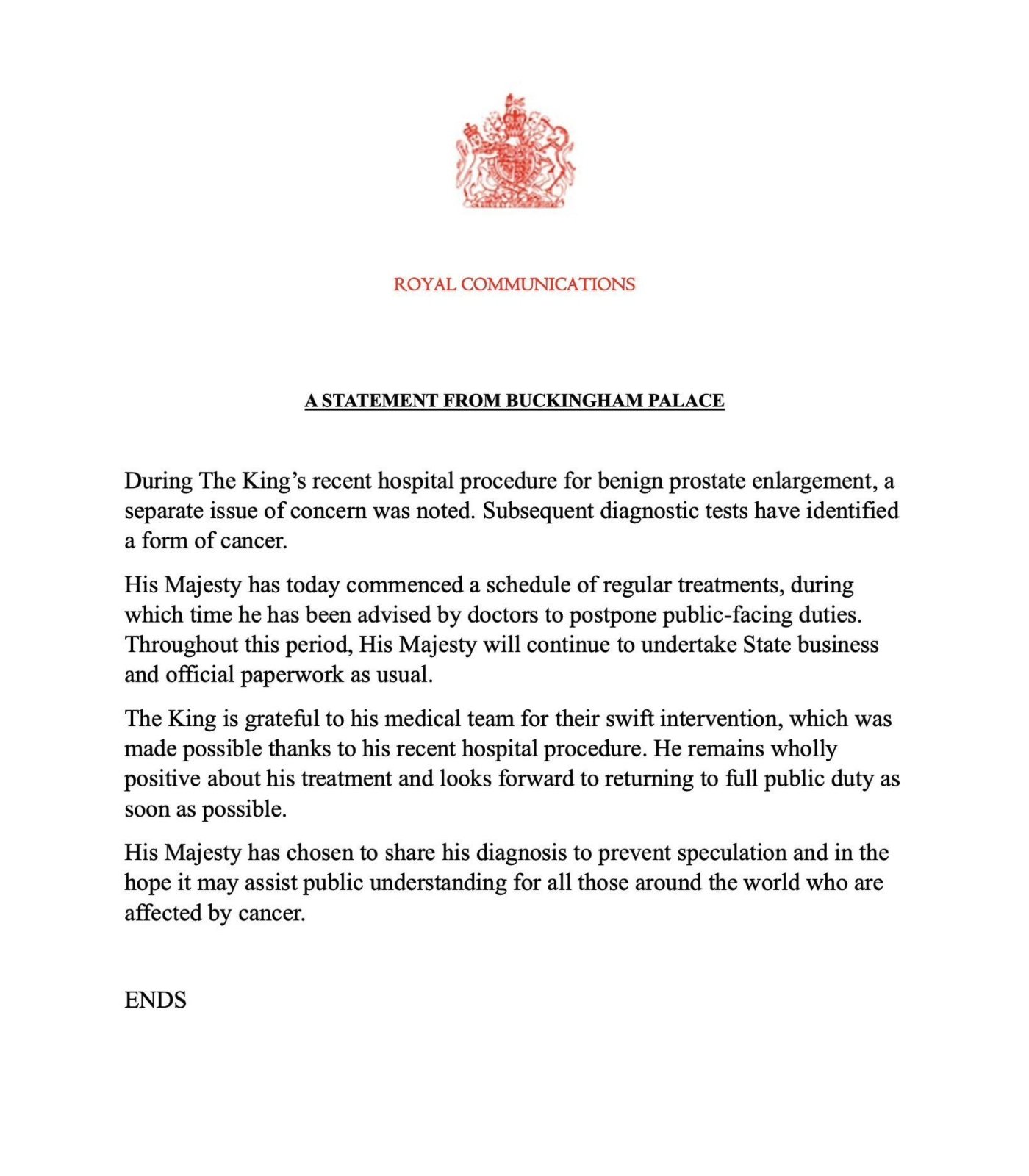 Palácio de Buckingham emite comunicado sobre Charles III