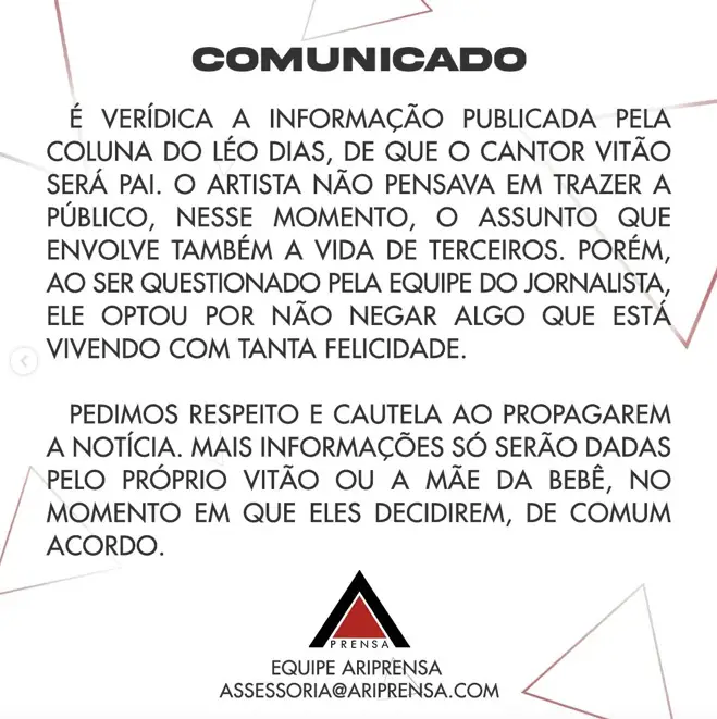 Assessoria de Vitão confirmou notícia através das redes socias.