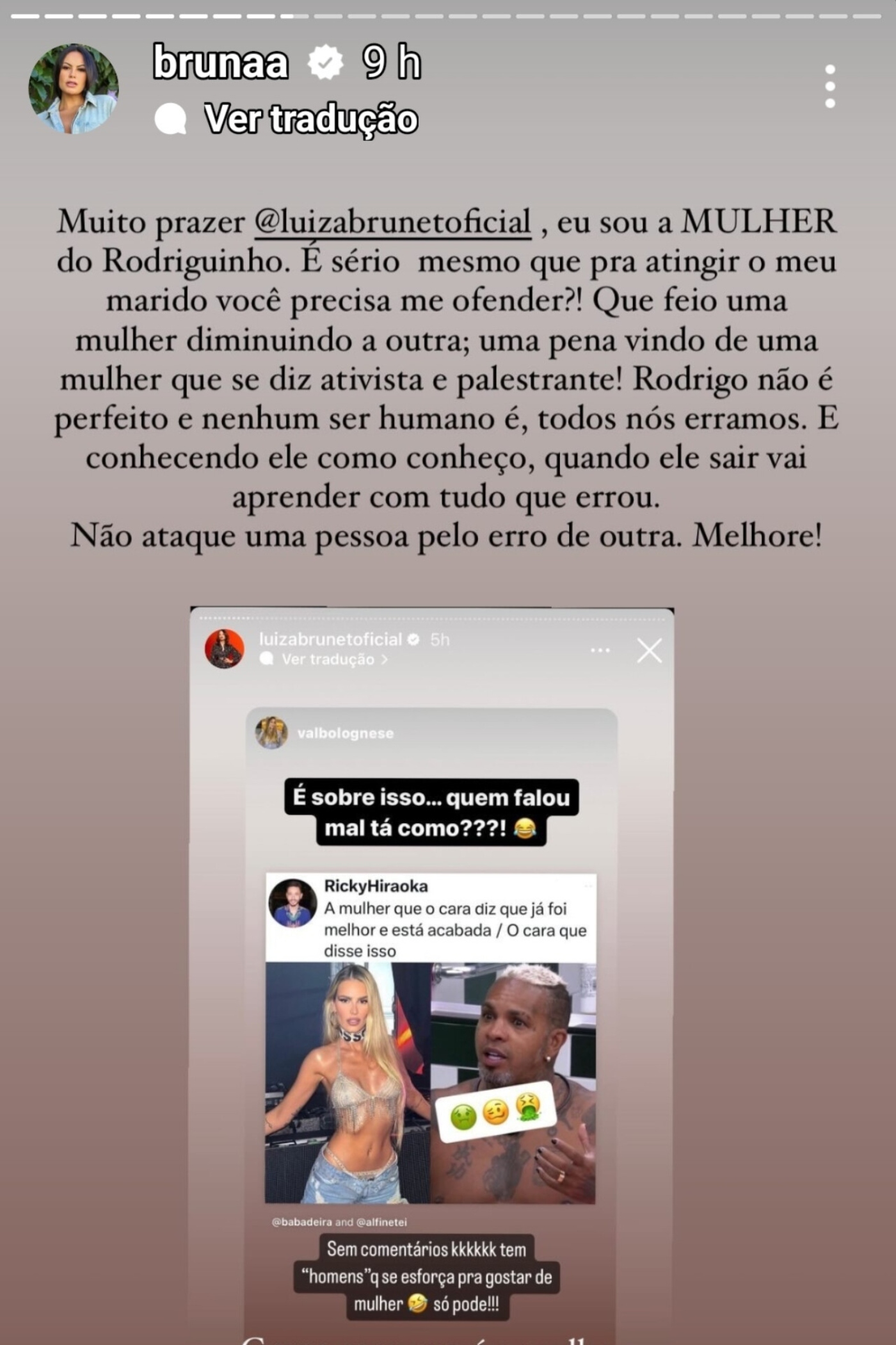 Esposa de Rodriguinho em resposta à Luiza Brunet