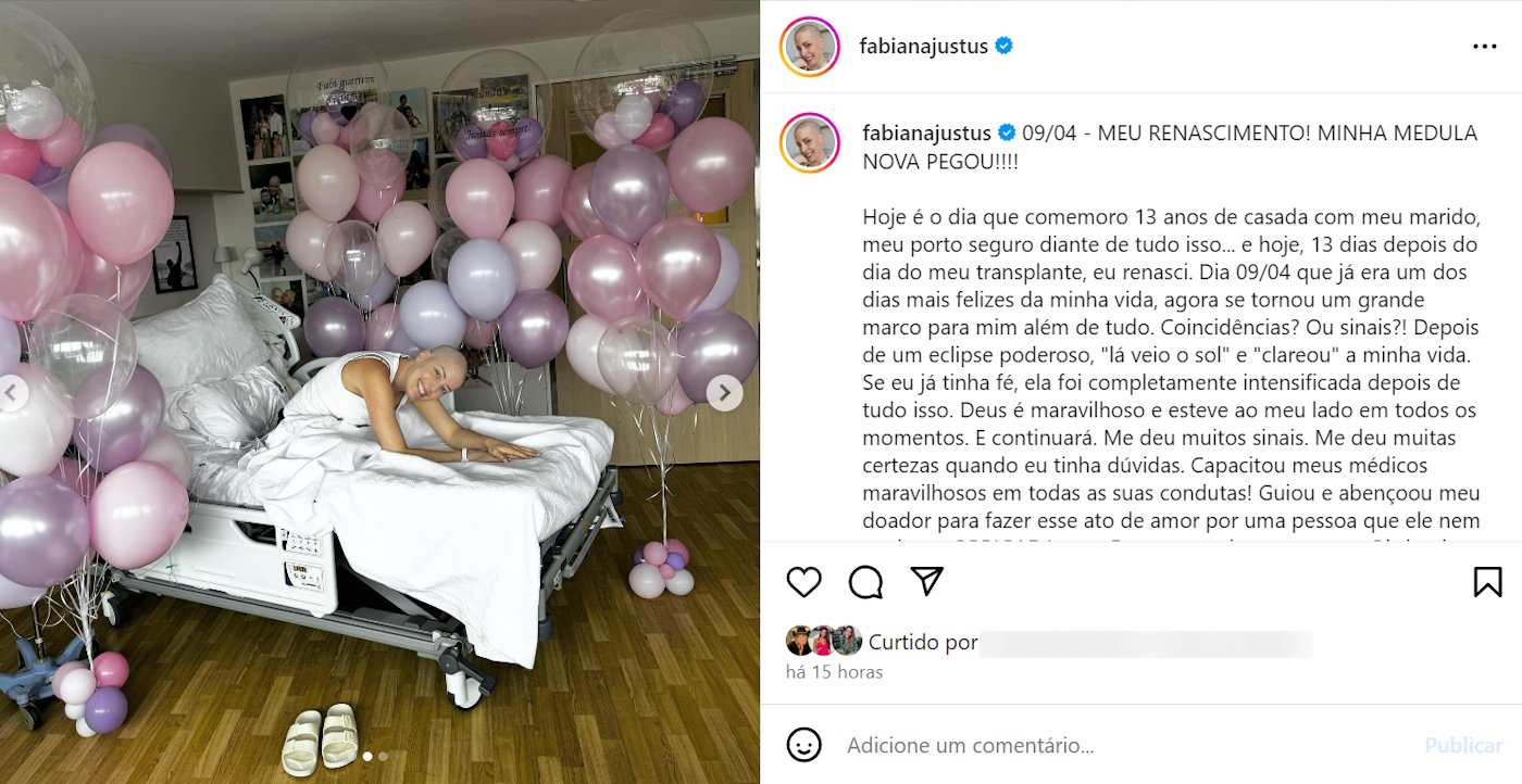 Fabiana Justus comemora pega da medula após transplante