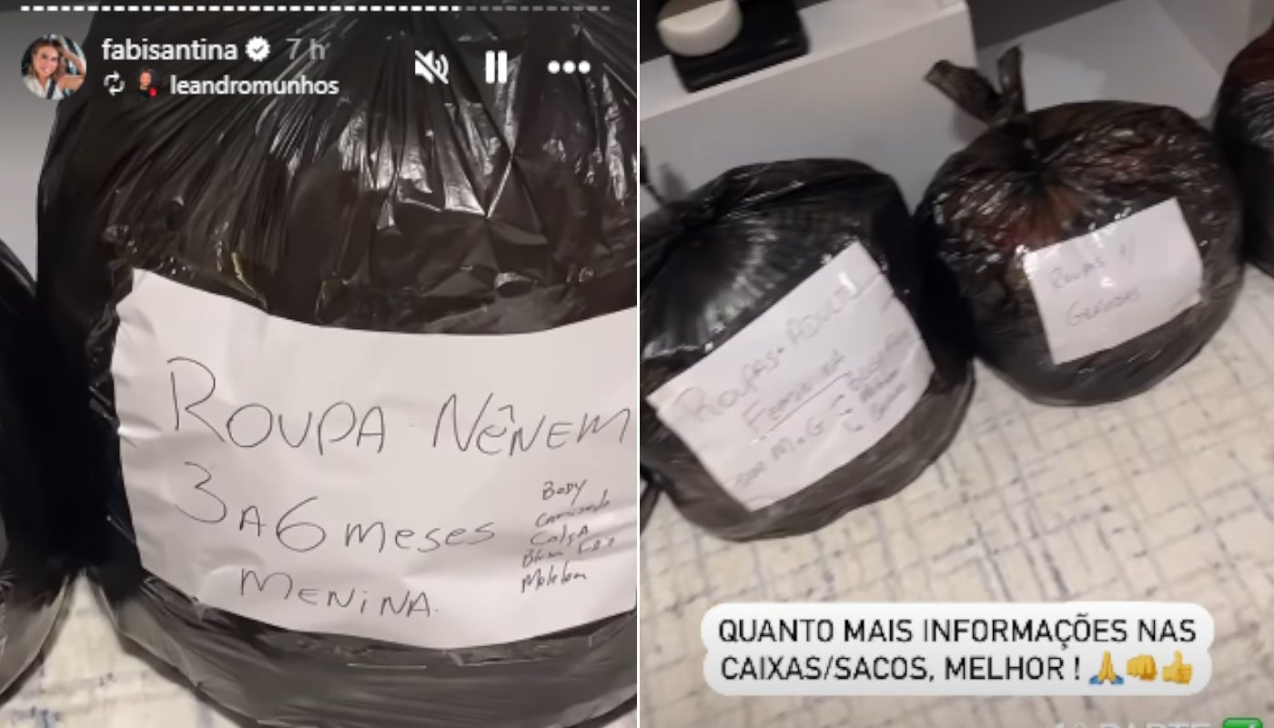 Sacolas identificadas com os itens para doação ao RS feitos por Fabi Santina e Leandro Munhóz