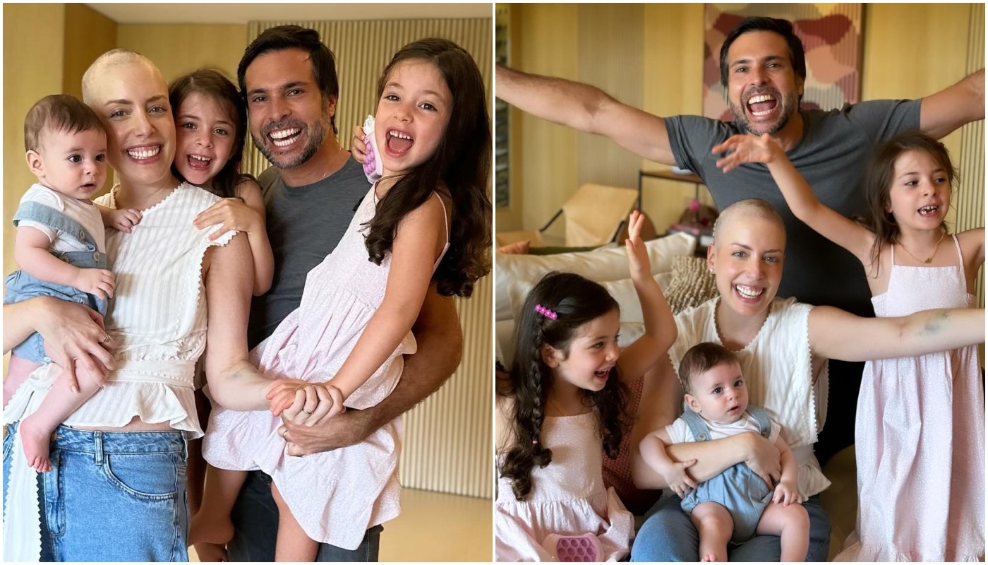Fabiana Justus com os filhos e o marido em pausa do tratamento de câncer