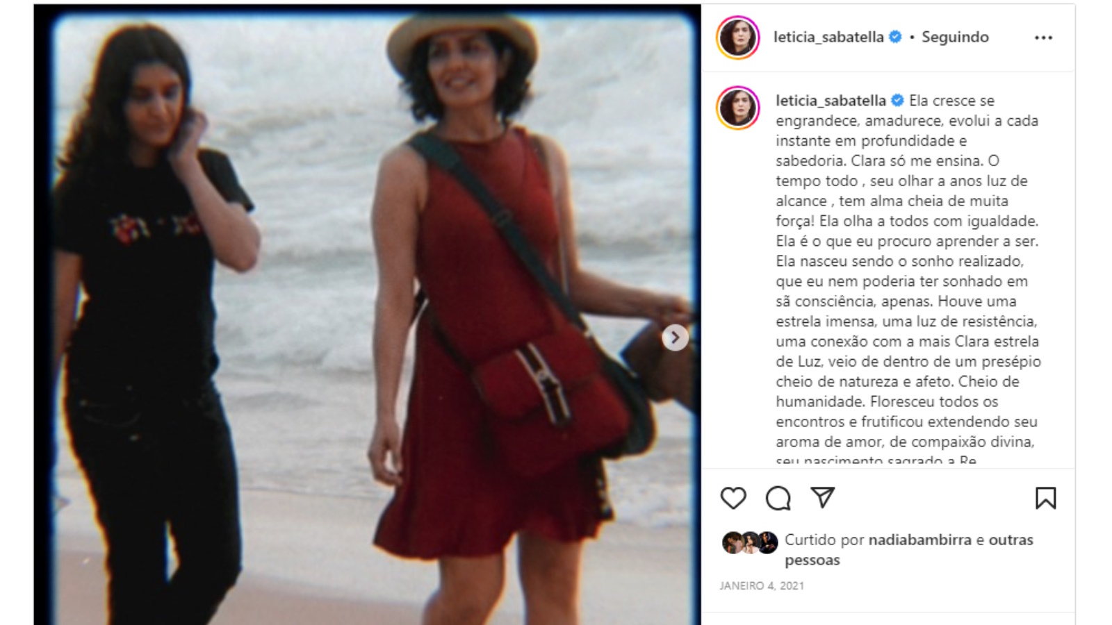 Homenagem de Letícia Sabatella para a filha, Clara, em janeiro de 2021