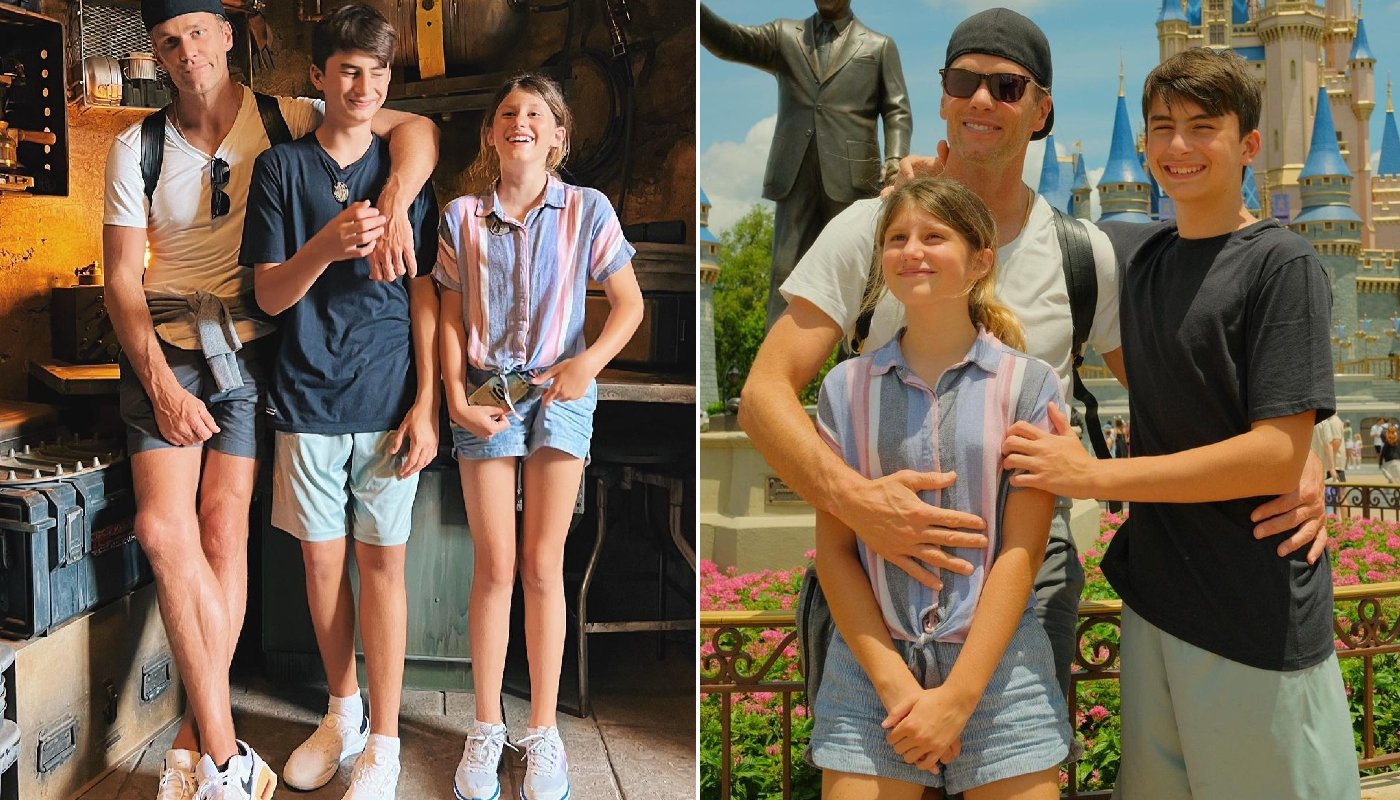 Tom Brady ao lado de Benjamin e Vivian, na Disney