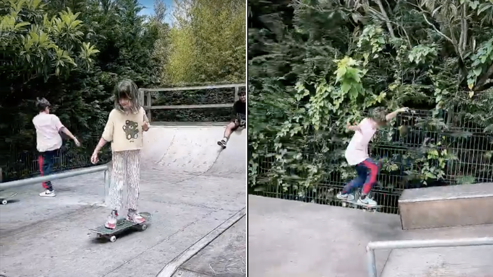 Filhos de Scooby curtem pista de skate construída na mansão do surfista em Portugal.
