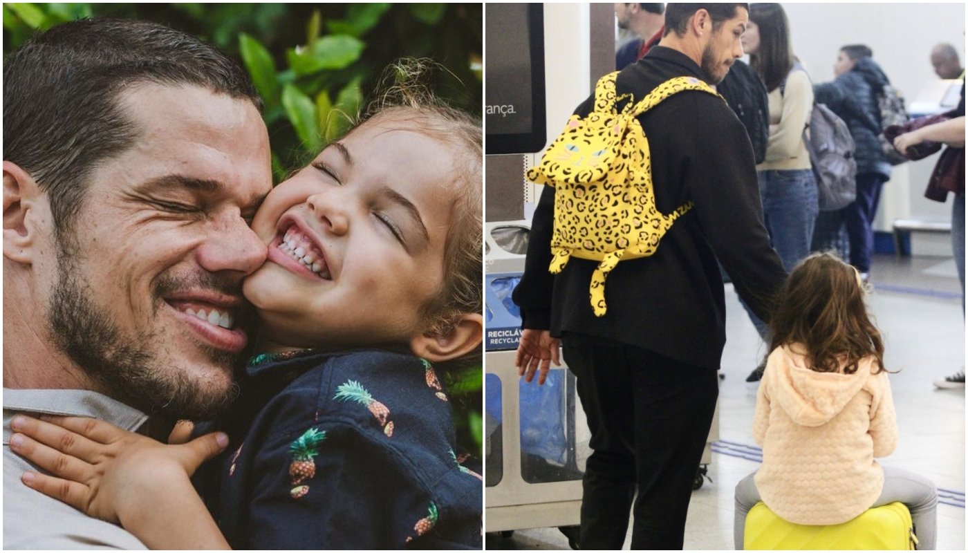 José Loreto e a filha roubam a cena em aeroporto: Bella usou mala como transporte