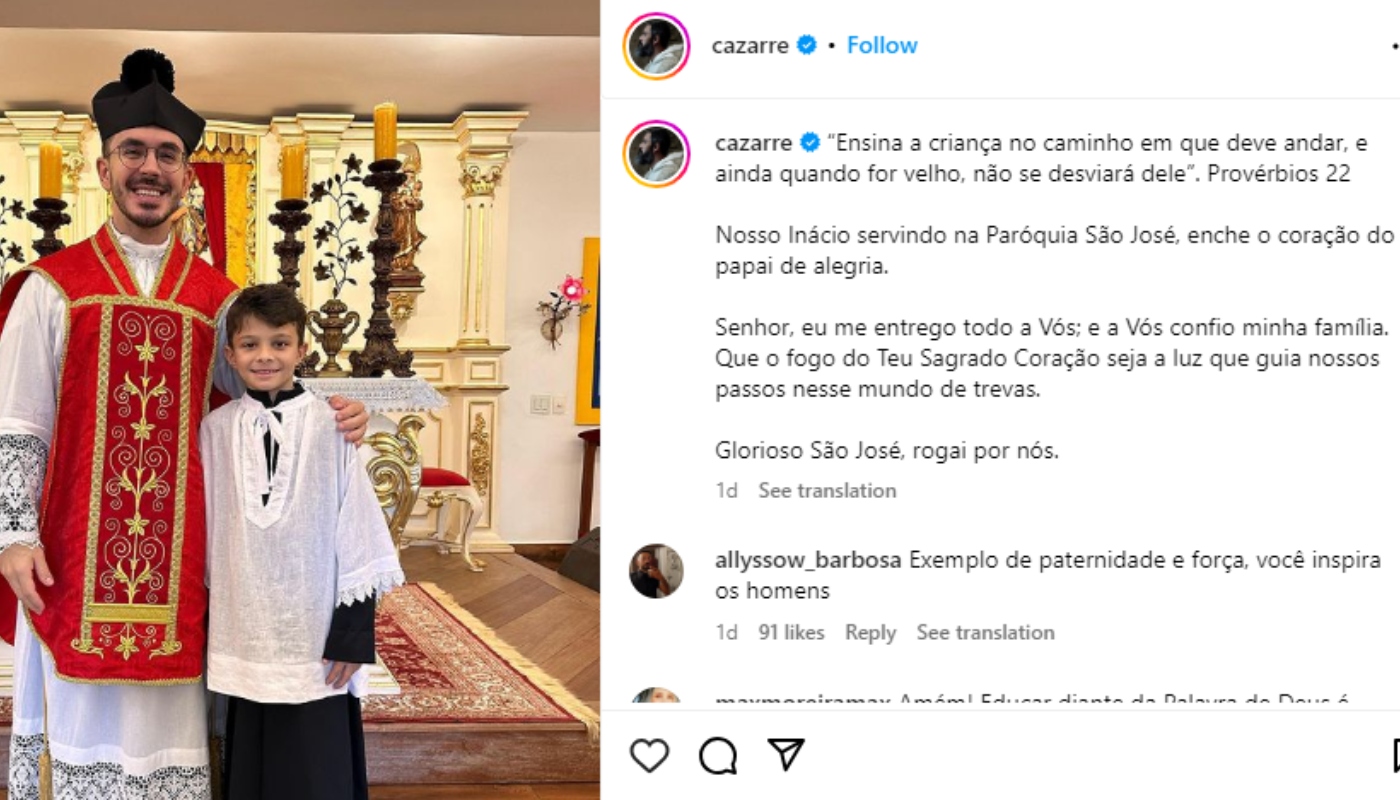 Juliano Cazarré mostra o filho, Inácio, em igreja