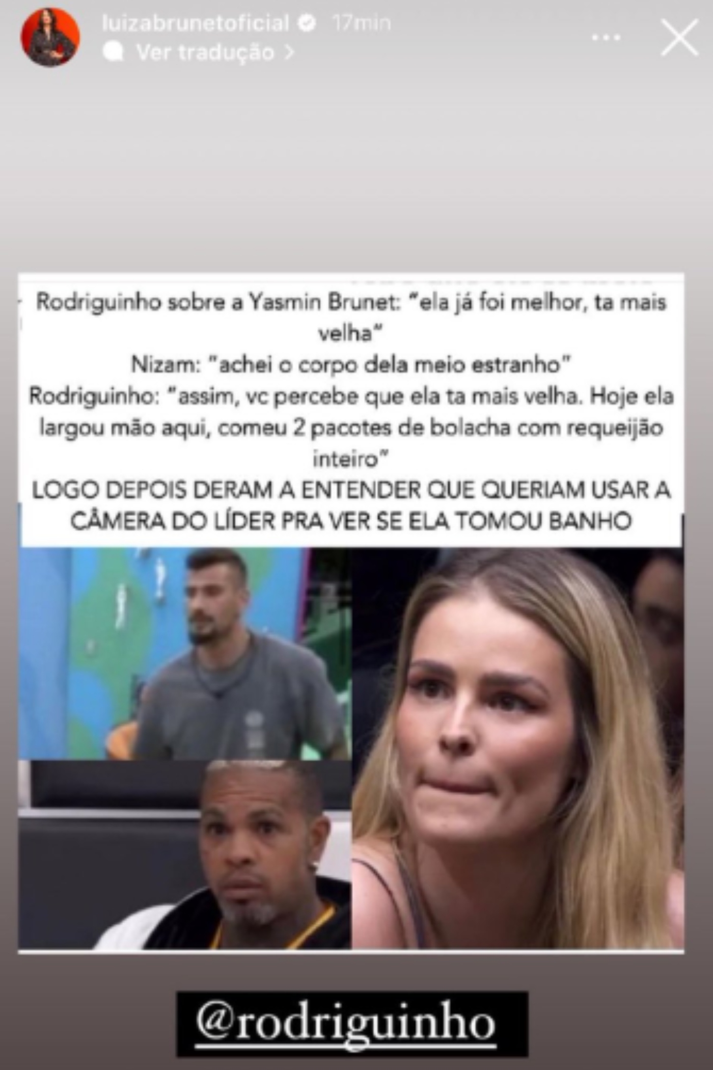 Luiza Brunet repudia fala de Rodriguinho no BBB24