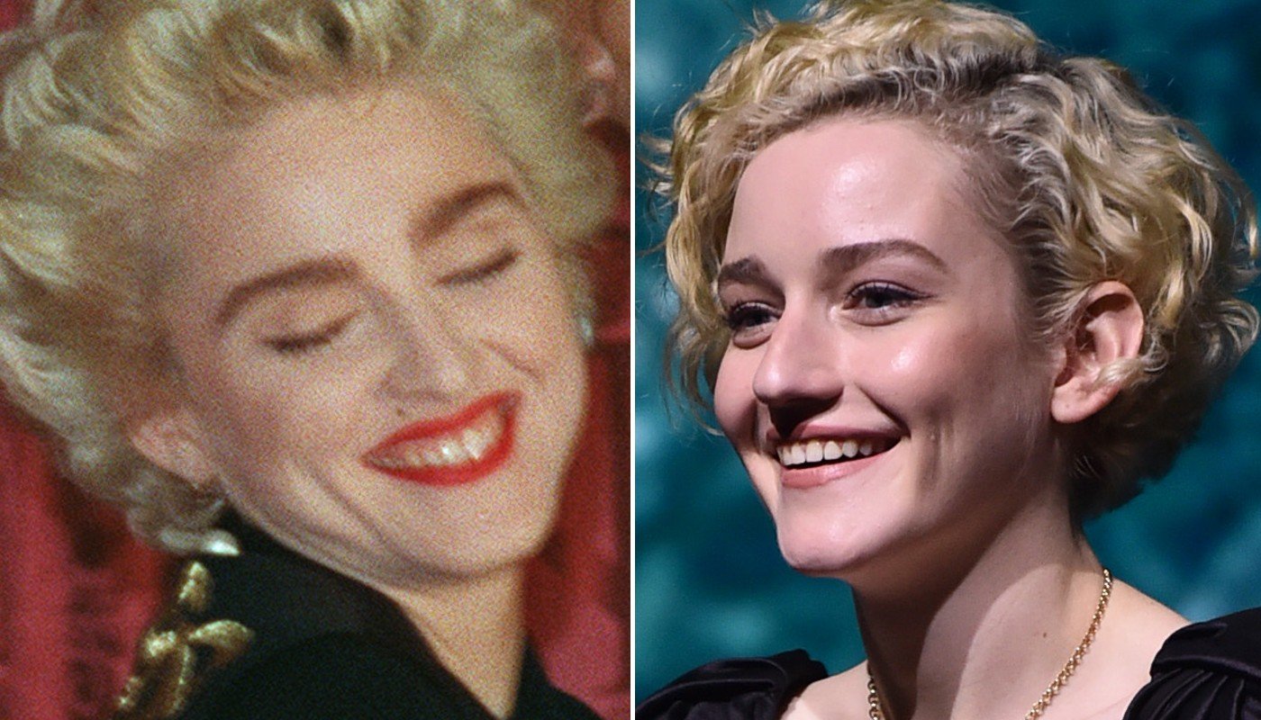 À esquerda, Madonna em um evento em 1987; à direita, a atriz Julia Garner em junho de 2022, mês em que foi convidada para ser a cantora no cinema