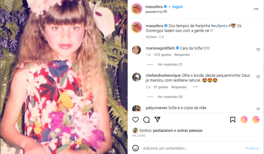 Mariana Goldfarb comentou em publicação de Grazi Massafera após separação de Cauã.
