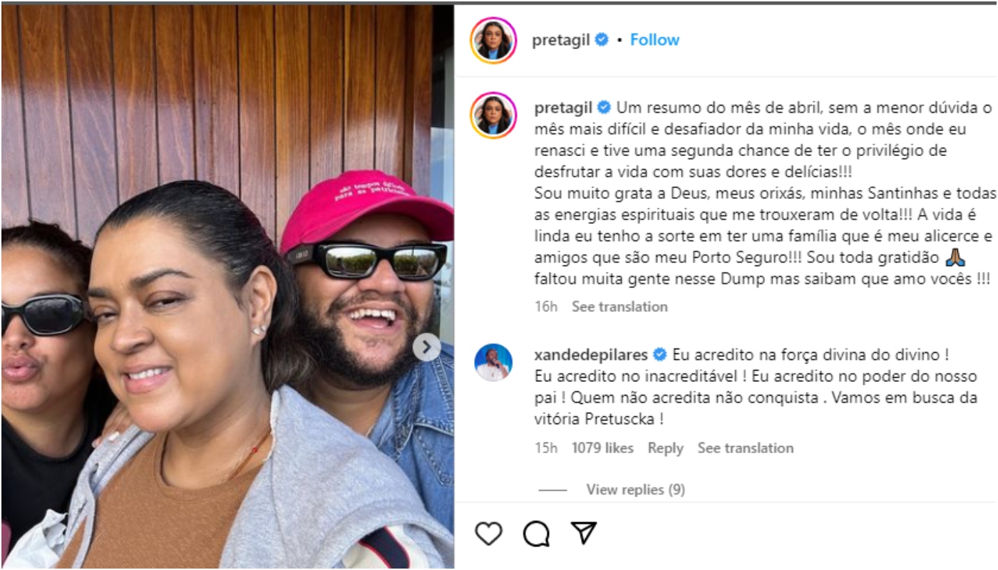Preta Gil exalta rede de apoio em publicação