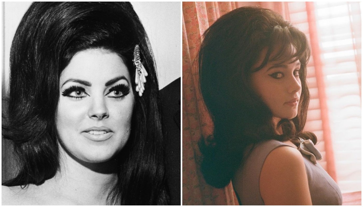 Priscilla Presley em 1971 e Cailee Spaeny, caracterizada como a esposa de Elvis