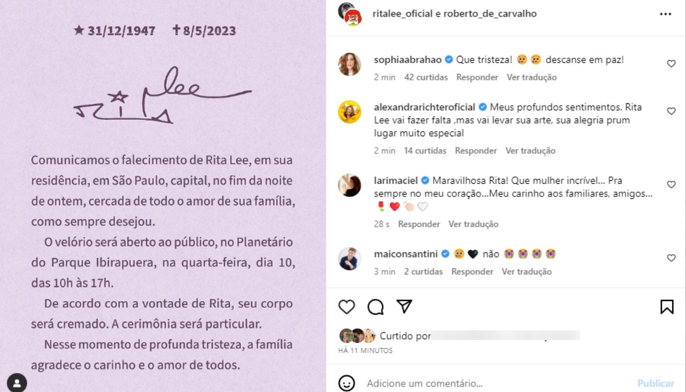 Comunicado da morte de Rita Lee foi feito nas redes sociais dela e do marido, Roberto de Carvalho