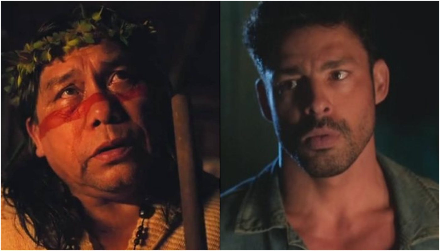 Jurecê (Daniel Munduruku) e Caio (Cauã Reymond) em 