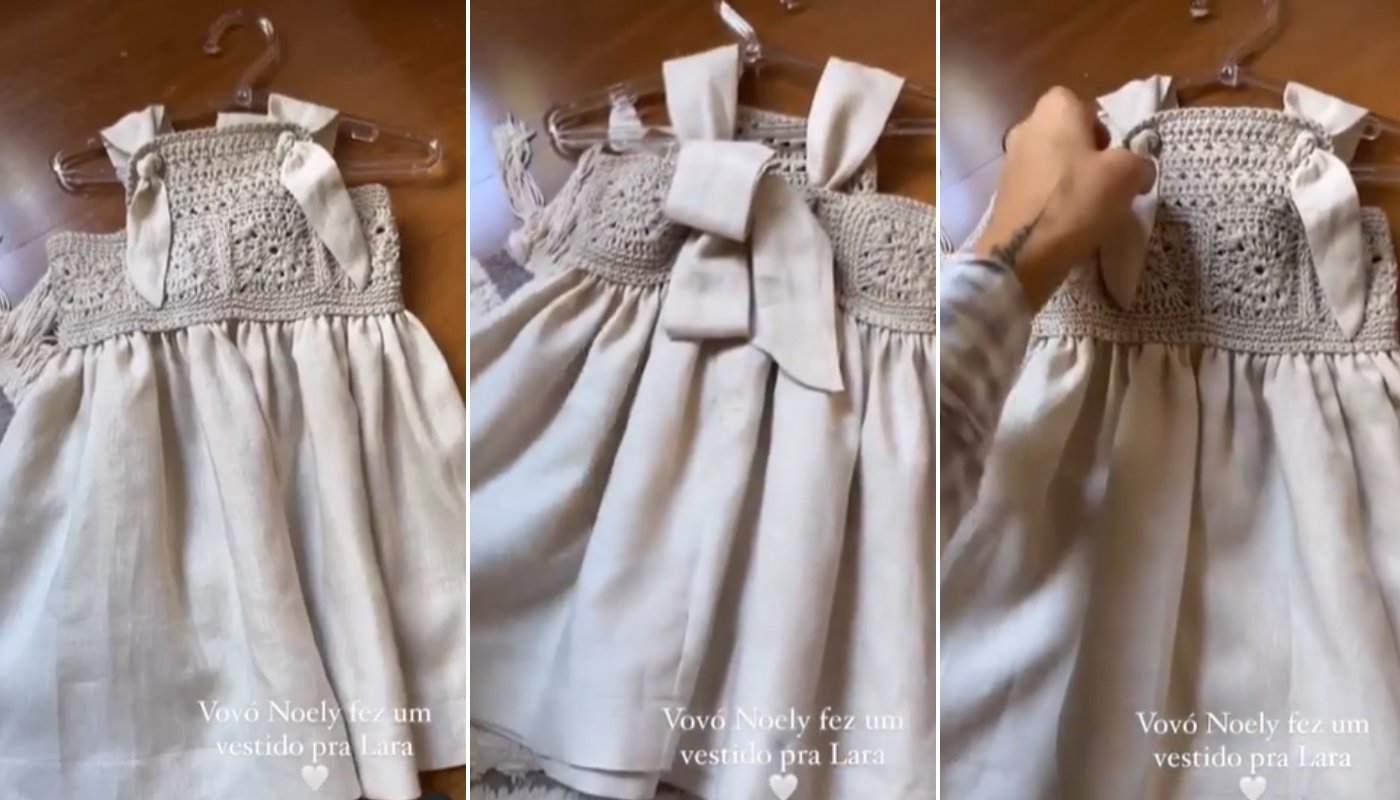 Detalhes do vestido que Noely fez para a neta, Lara, que é filha de Junior e Mônica Benini