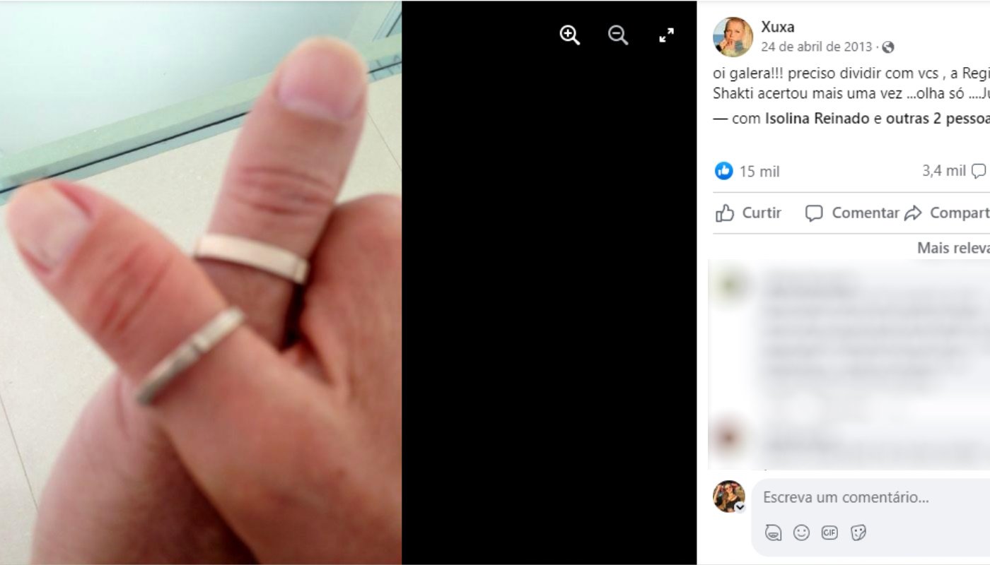 Post de Xuxa em 2013 mostrando o anel de compromisso com Junno